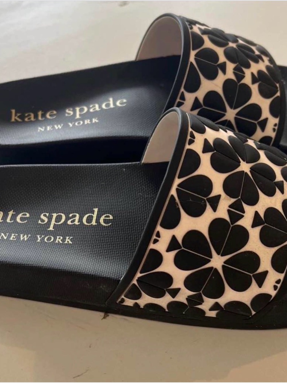 kate spade navy and Cream Floral Slide Sandals with Logo Footbed